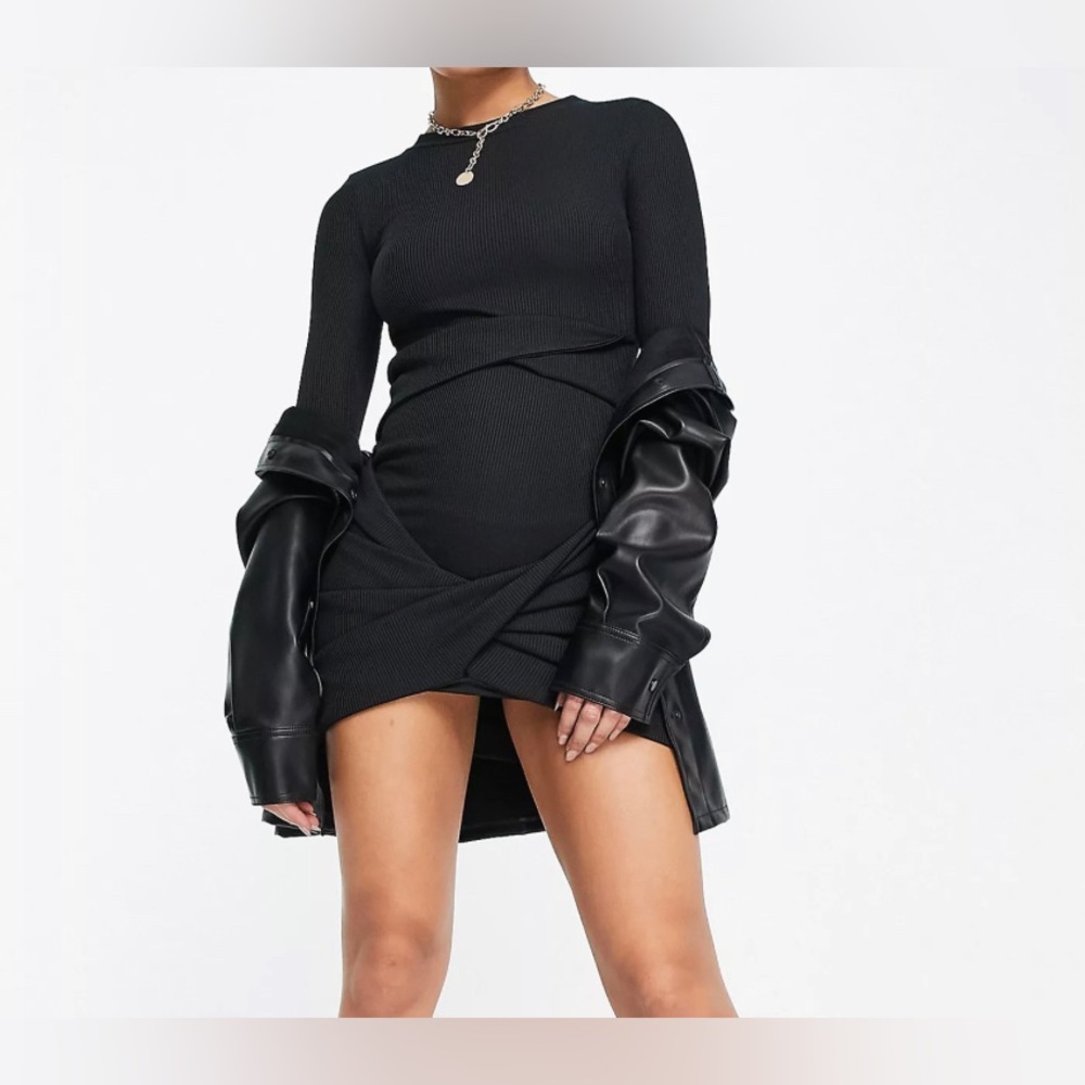 ASOS DESIGNsize 10 long sleeve ribbed mini dress with wrap front detail in black